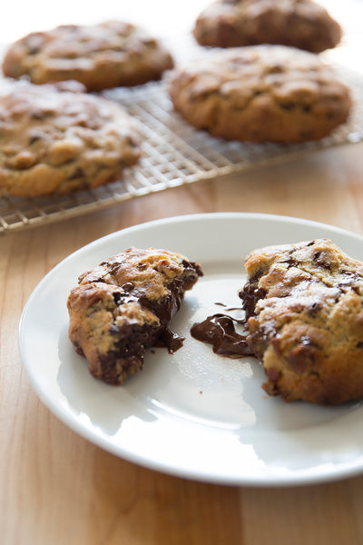Giant cookies with molten hazelnut hearts