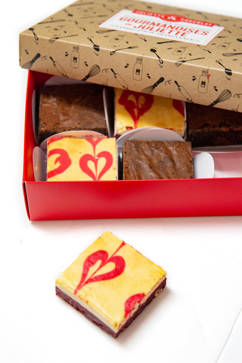 3 Red Velvet brownies and 3 Intense brownies in a gift box.