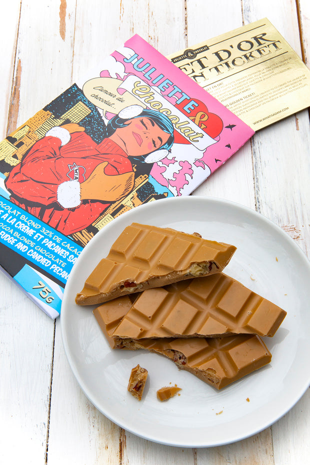 Chocolate bar with cream fudge and candied pecans